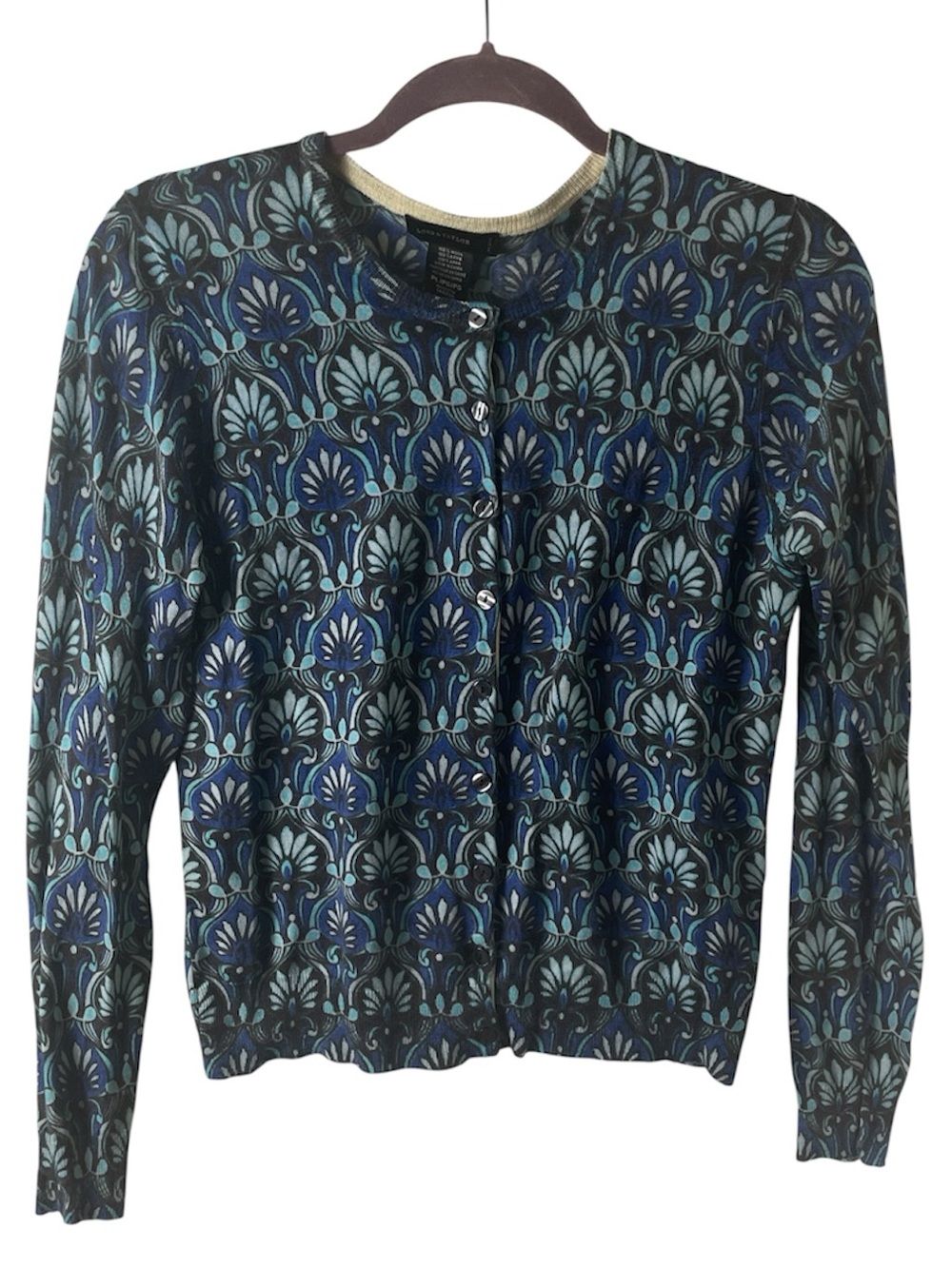 Lord & Taylor Petite 100% Wool Blue Art Deco Floral Button Cardigan Sweater PL